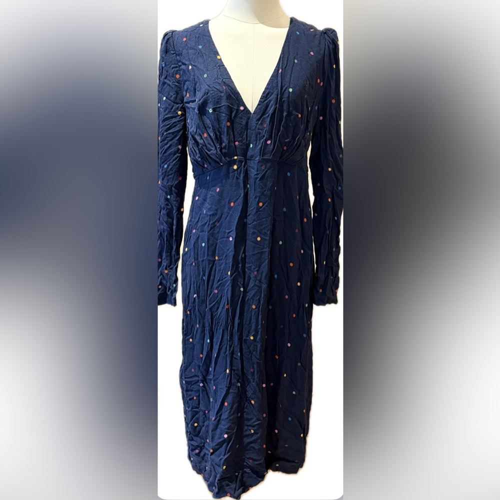 Navy Polka Dot V-Neck Long Sleeve Dress - Picture 3 of 10